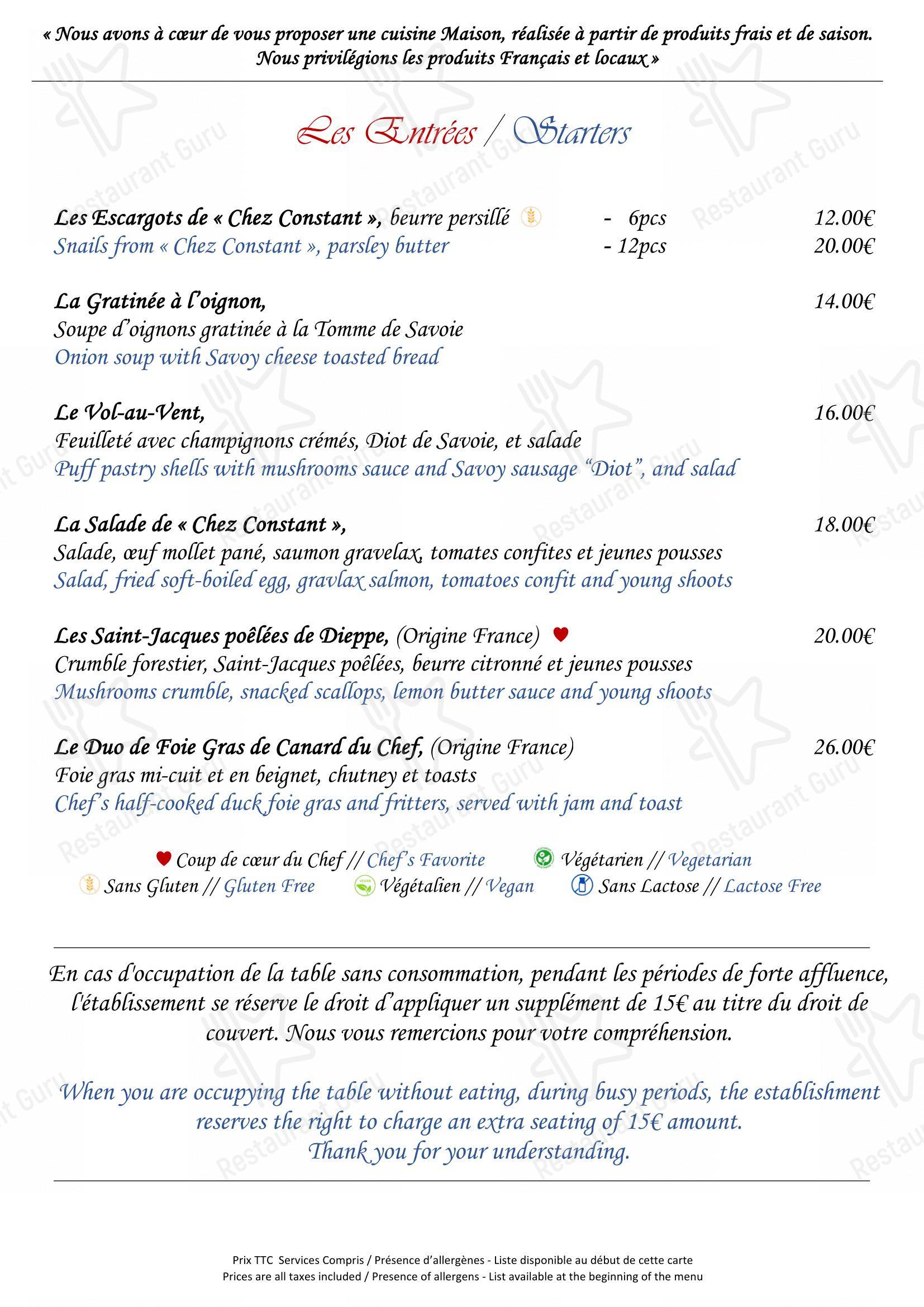 Menu pour Chez Constant dans Chamonix-Mont-Blanc