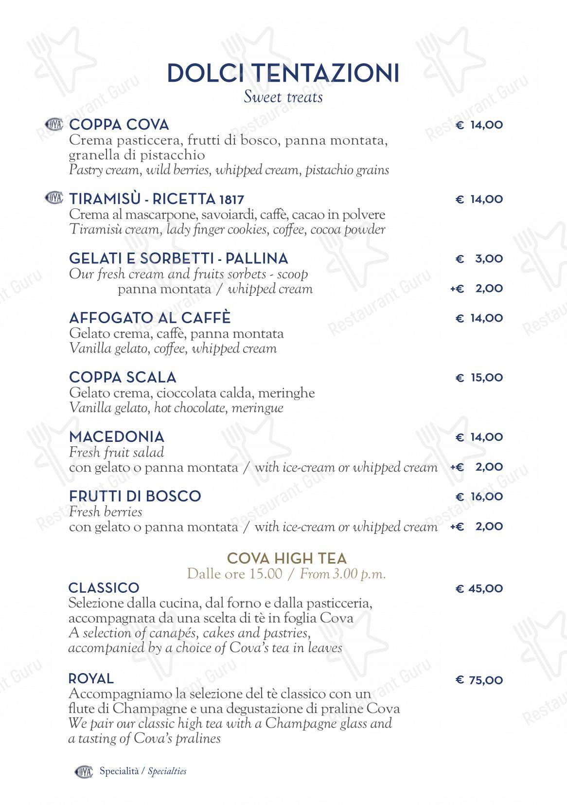 Menu di Cova Montenapoleone - Menu