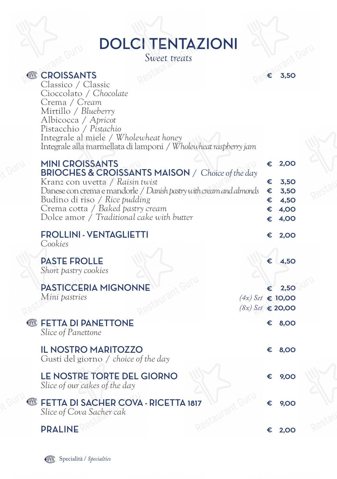 Cova Montenapoleone in Milano - Menu