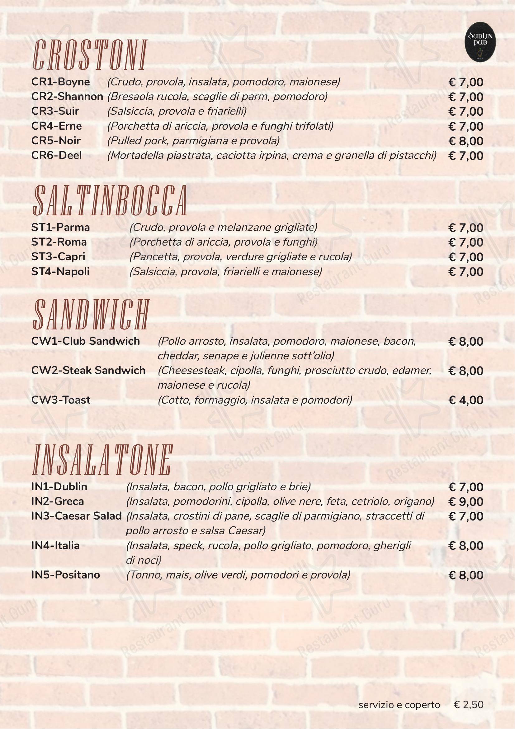 Menu per Dublin Pub ristorante