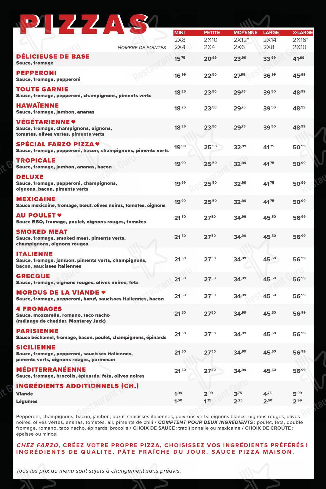 Menu bar pour Farzo Pizza dans Pont-Rouge