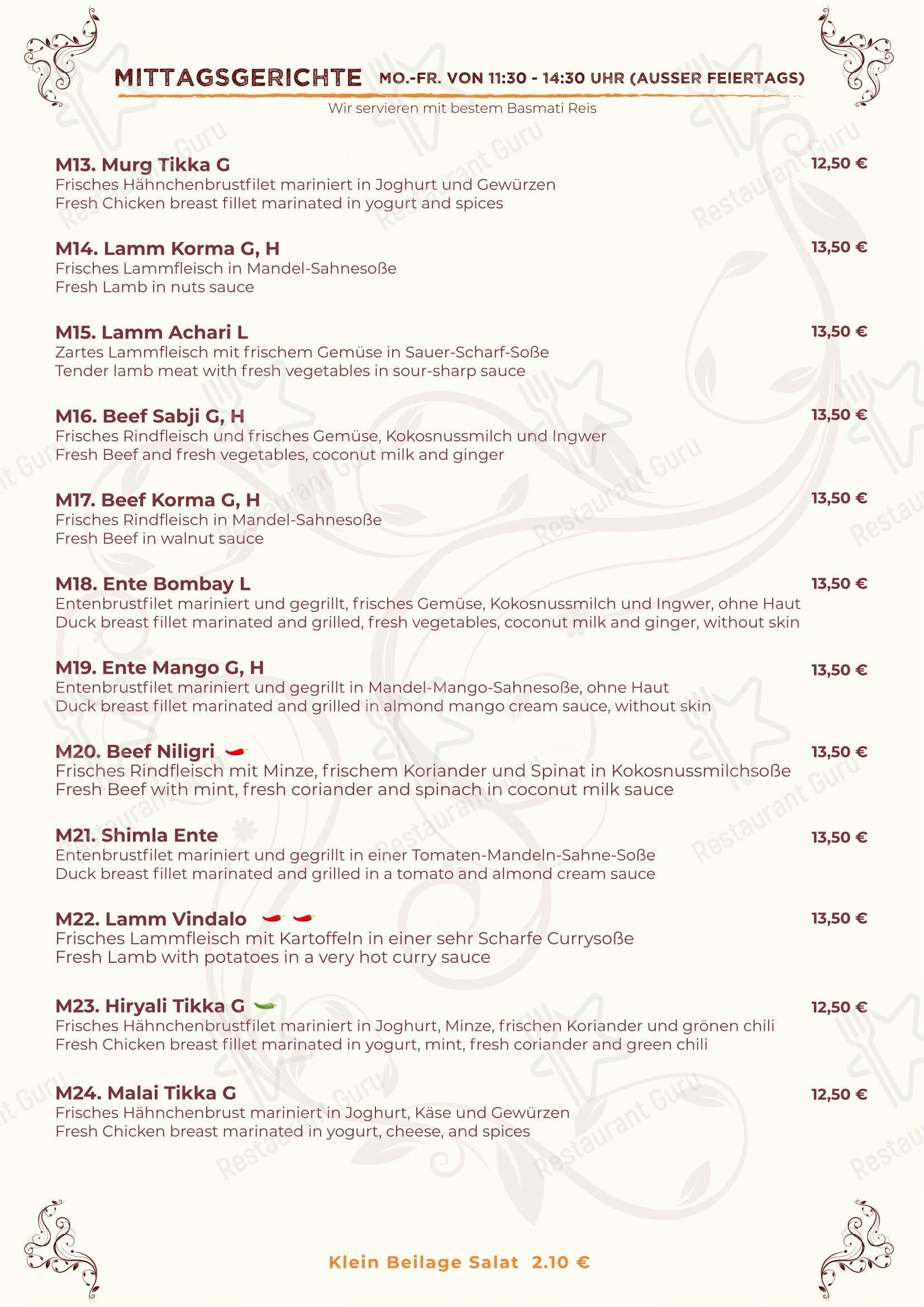 Menu pour Indisches Spezialität Restaurant Shimla Germering - Menu bar