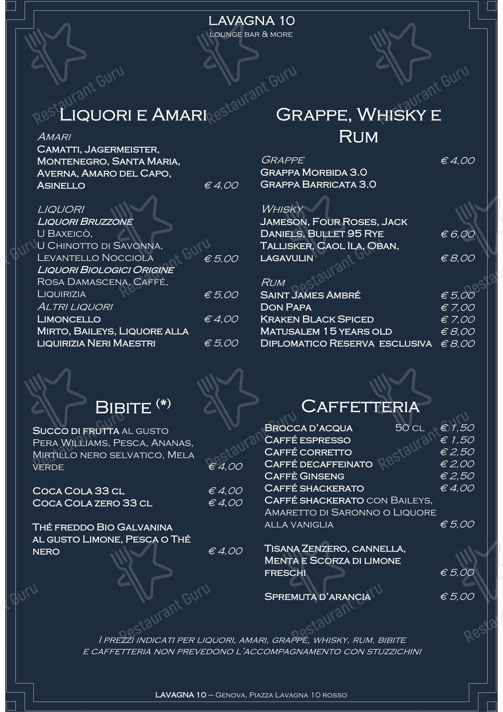 Menu bar per Lavagna 10 bistrot pub & bar