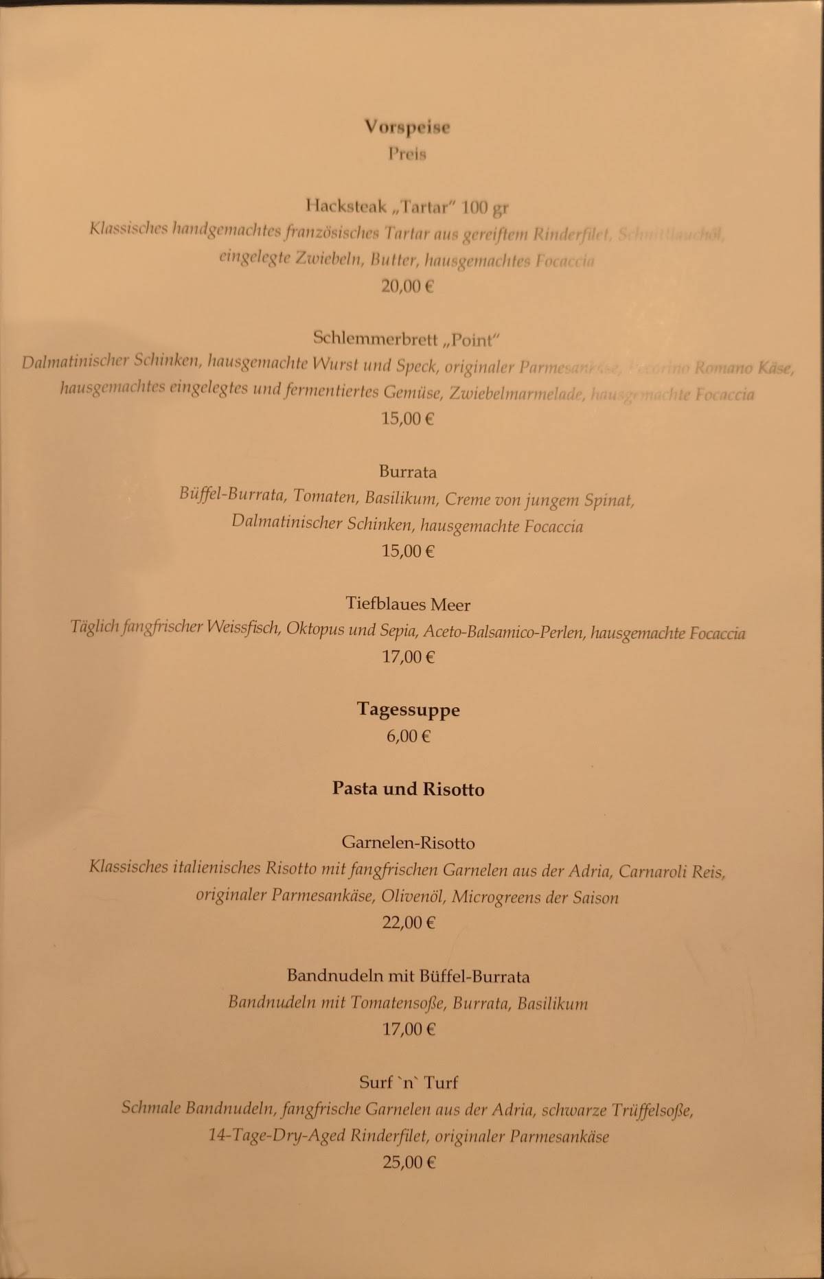 Menu di restaurant POINT 