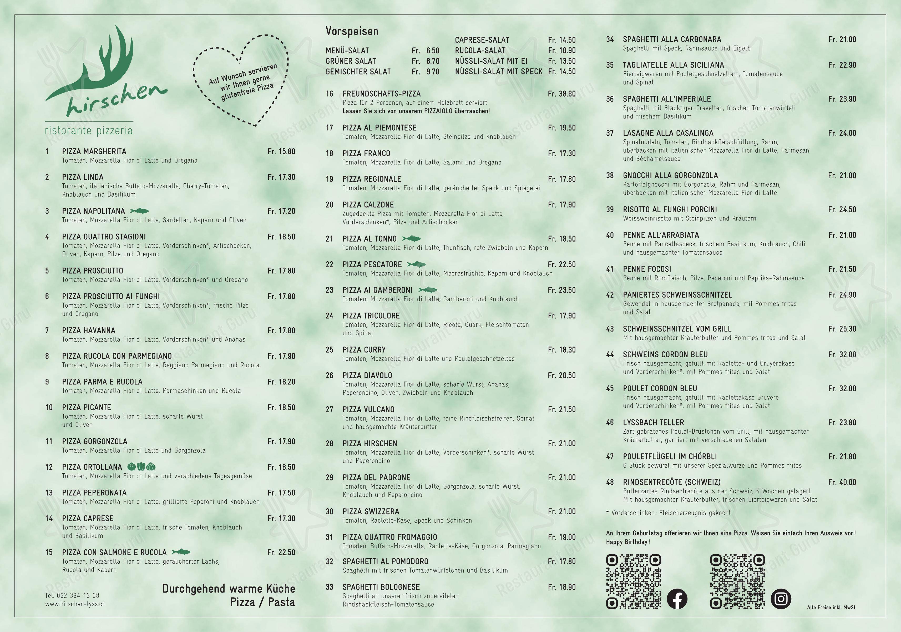 Основное меню per Restaurant Hirschen ristorante