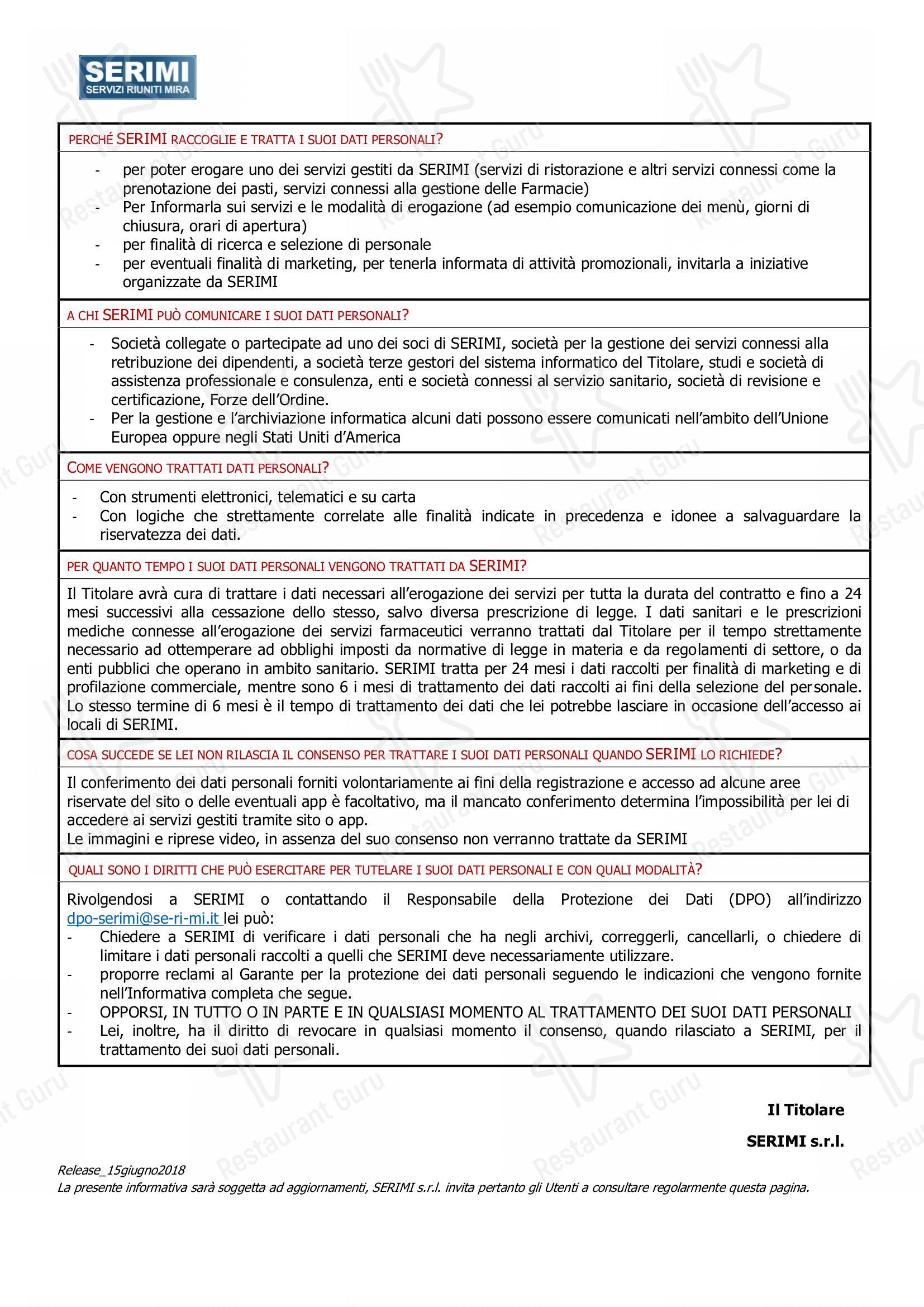 Takeaway Menu per SERIMI ristorante