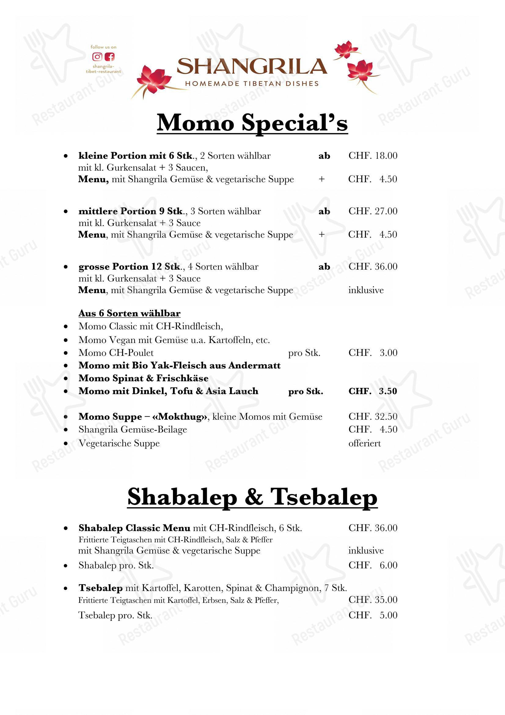 Menu per Shangrila Tibet Restaurant ristorante