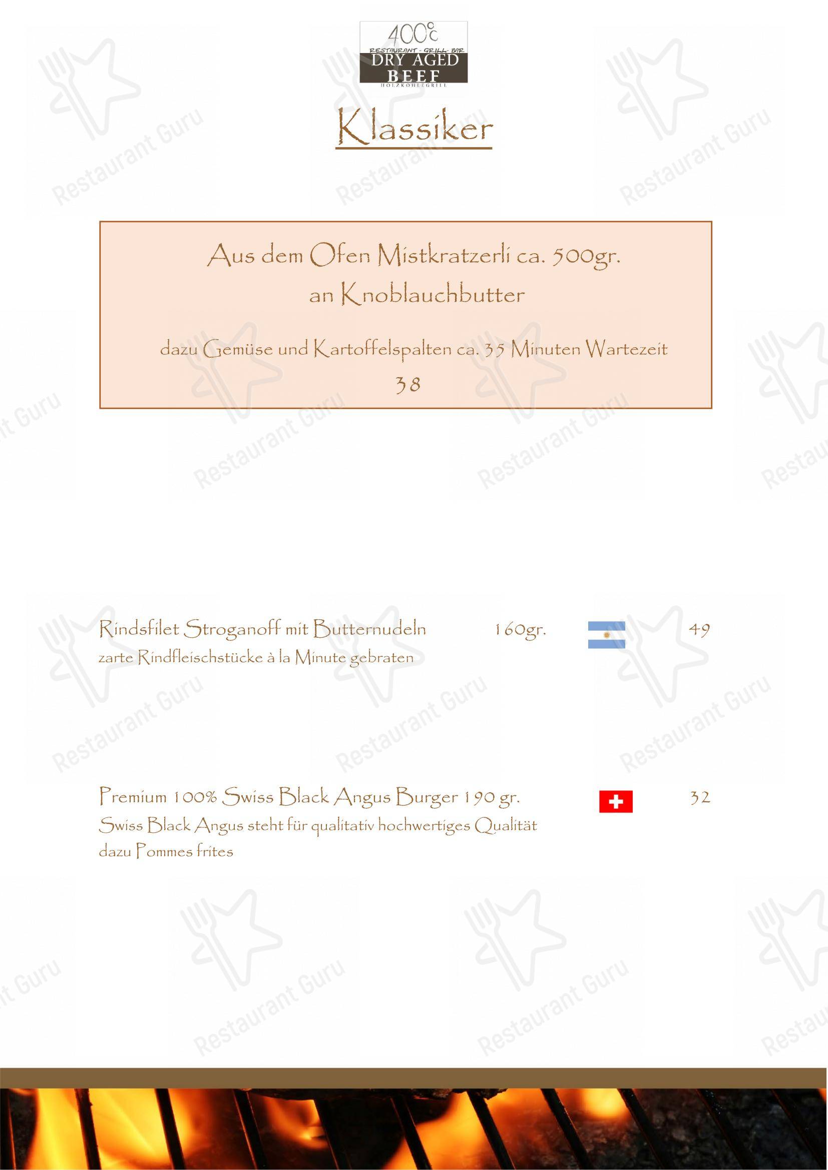 Menu di Steakhouse 400°c Dry Aged Beef Holzkohlegrill - Menu