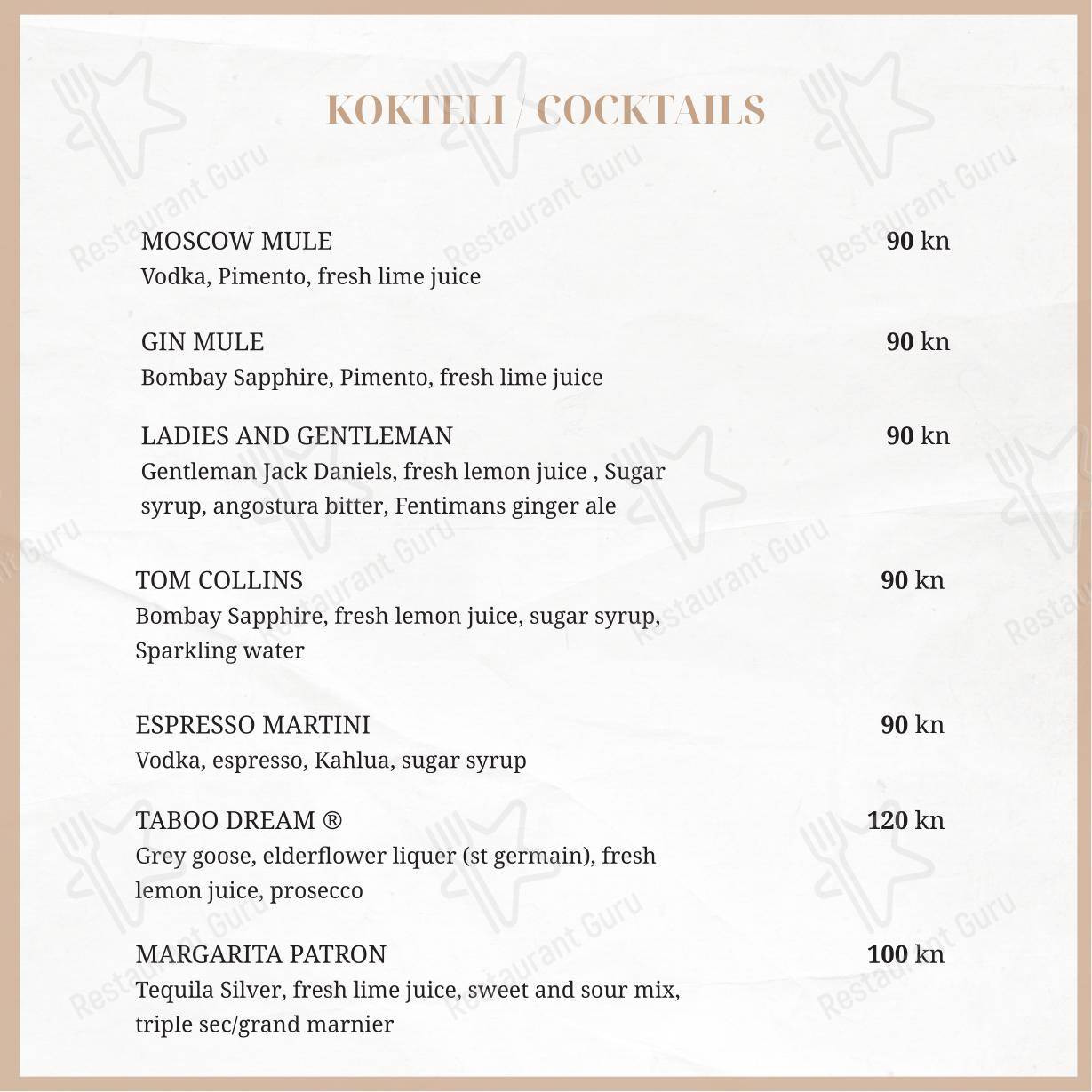 Menu per Taboo beach club Split pub & bar