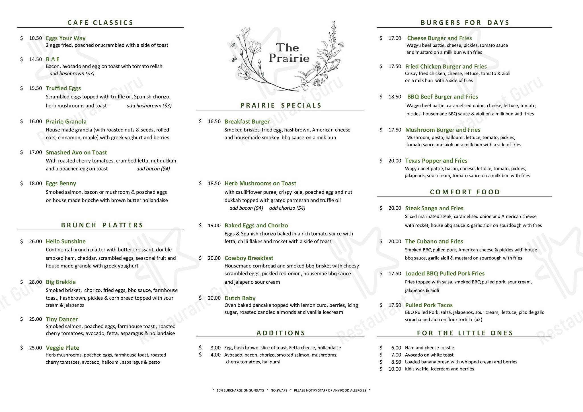 Menu at The Prairie Cafe, South Penrith