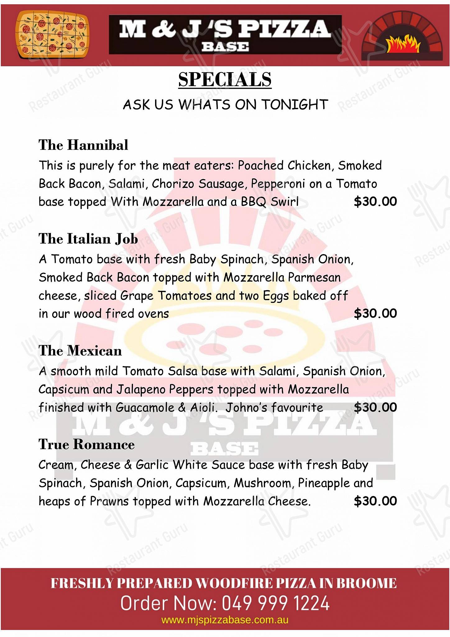 Menu at M&J’s Pizza Base pizzeria, Cable Beach, Cable Beach Rd W