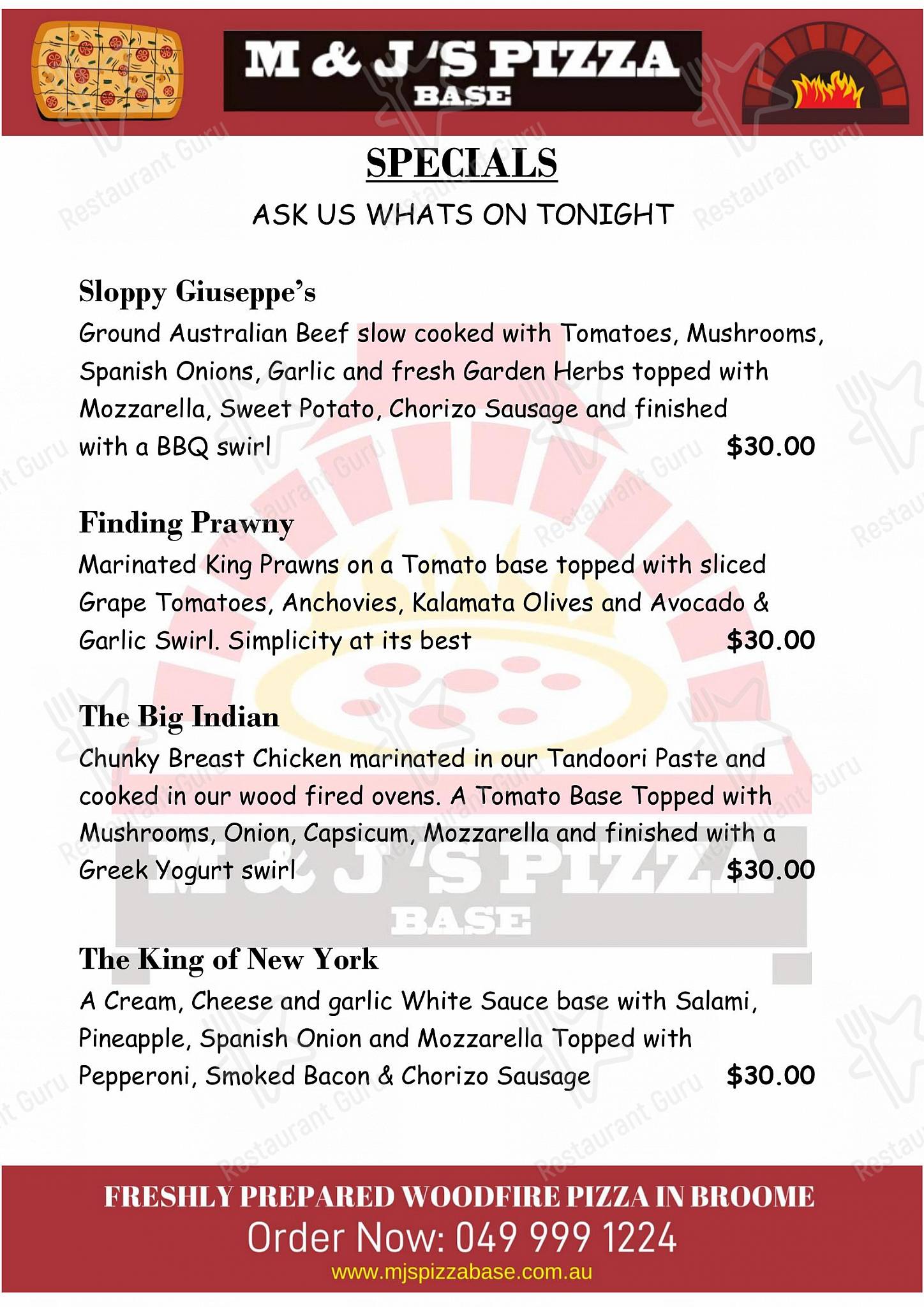 Menu at M&J’s Pizza Base pizzeria, Cable Beach, Cable Beach Rd W