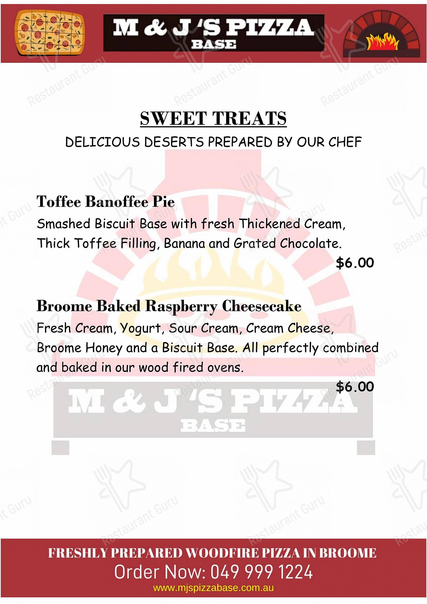 Menu at M&J’s Pizza Base pizzeria, Cable Beach, Cable Beach Rd W