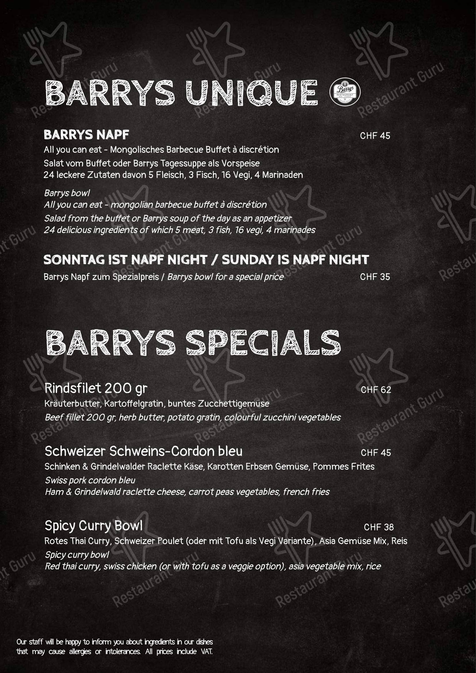 Menu di Barrys Restaurant, Bar & Lounge - 菜单