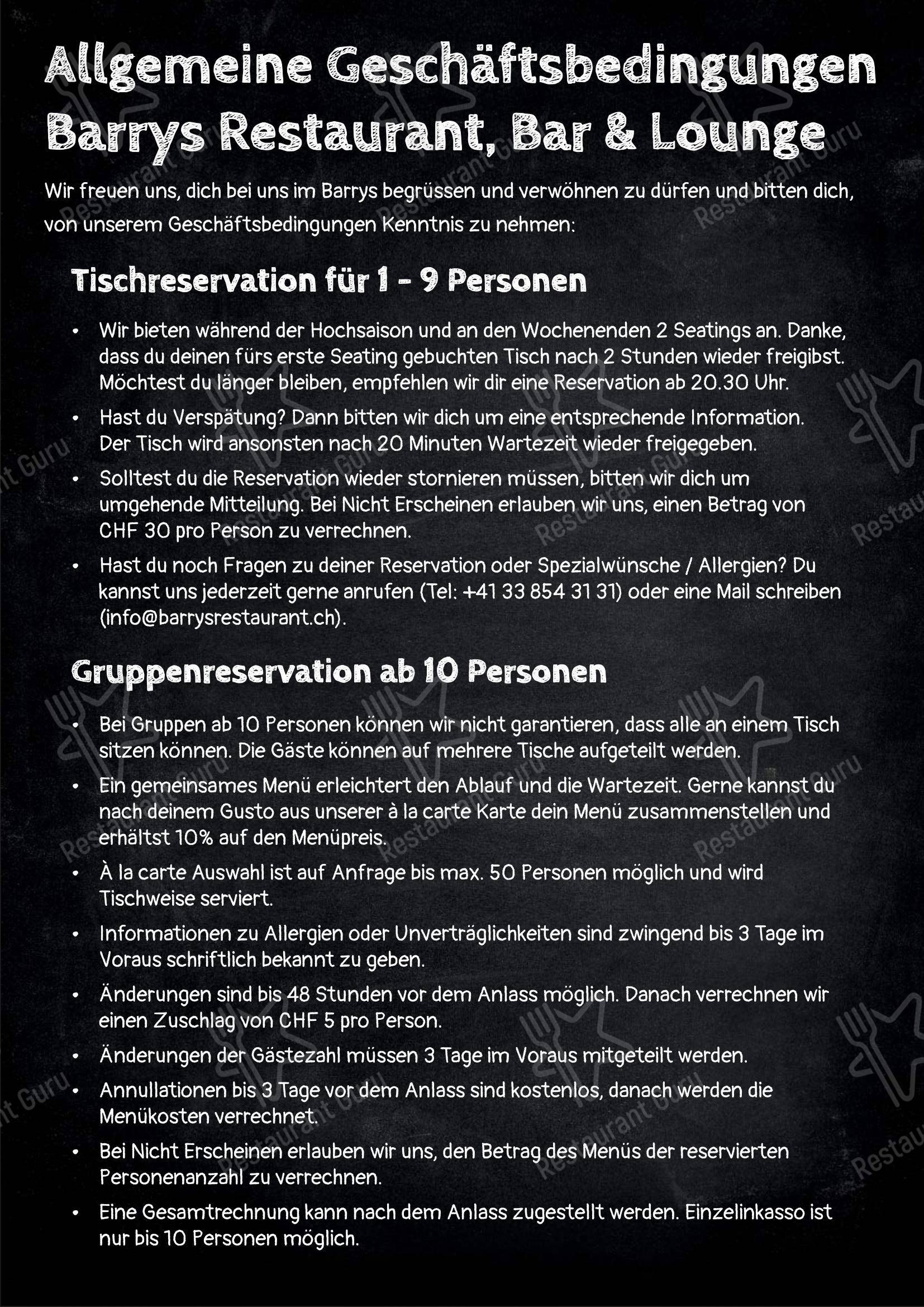 Menu bar per Barrys Restaurant, Bar & Lounge in Grindelwald