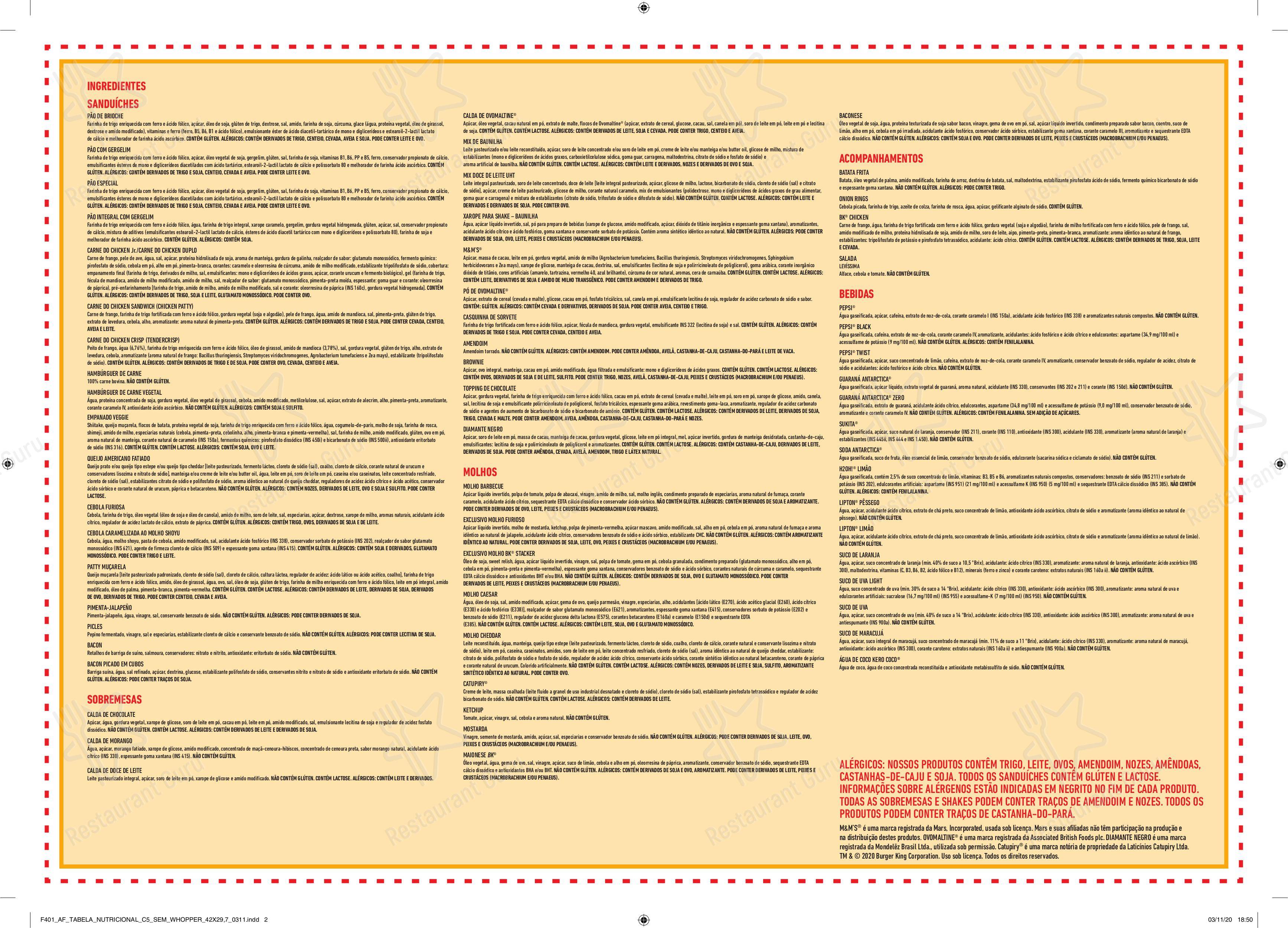 Menu para Burger King restaurante de fast food