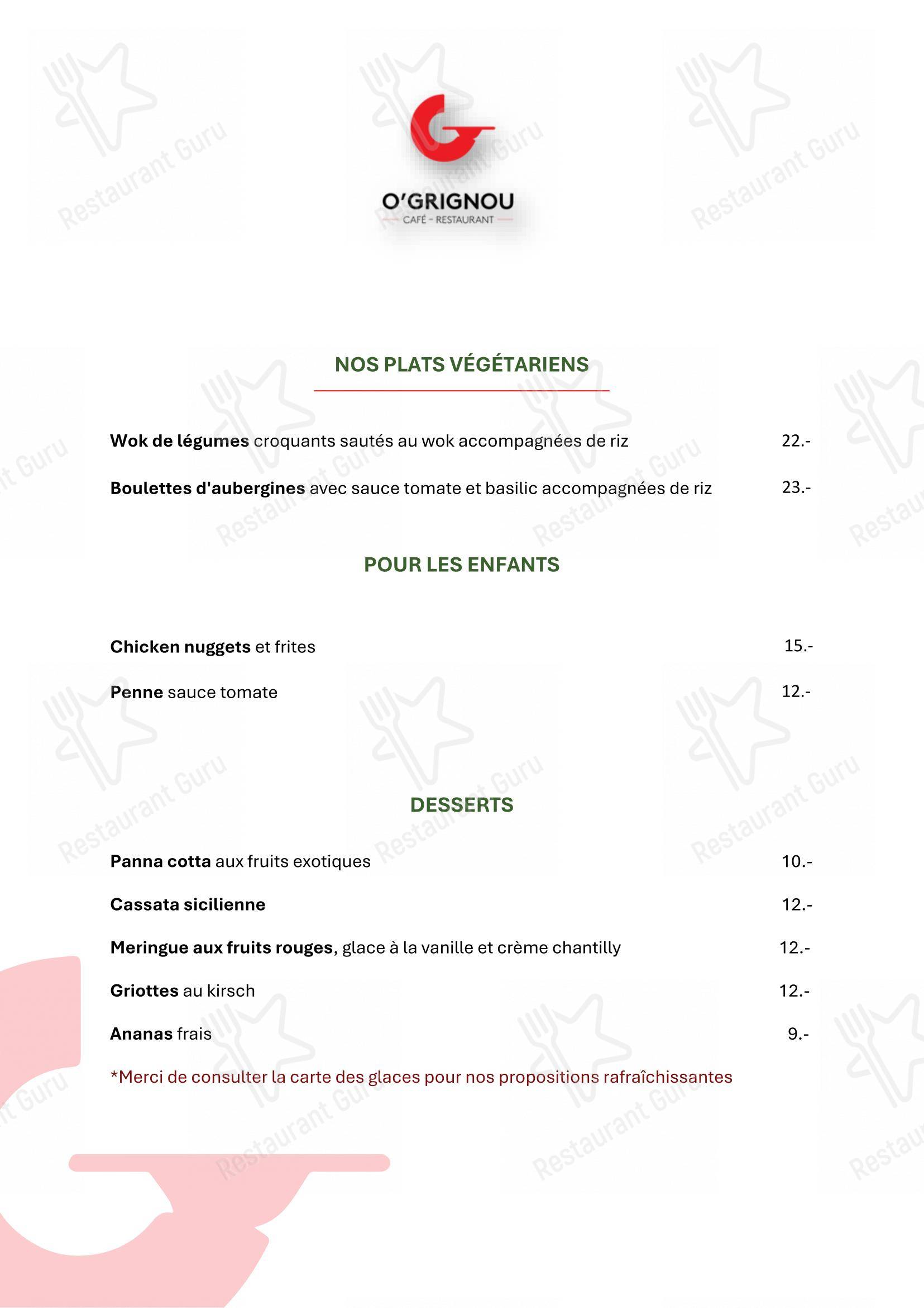Menu pour Café-restaurant O'Grignou - Menu