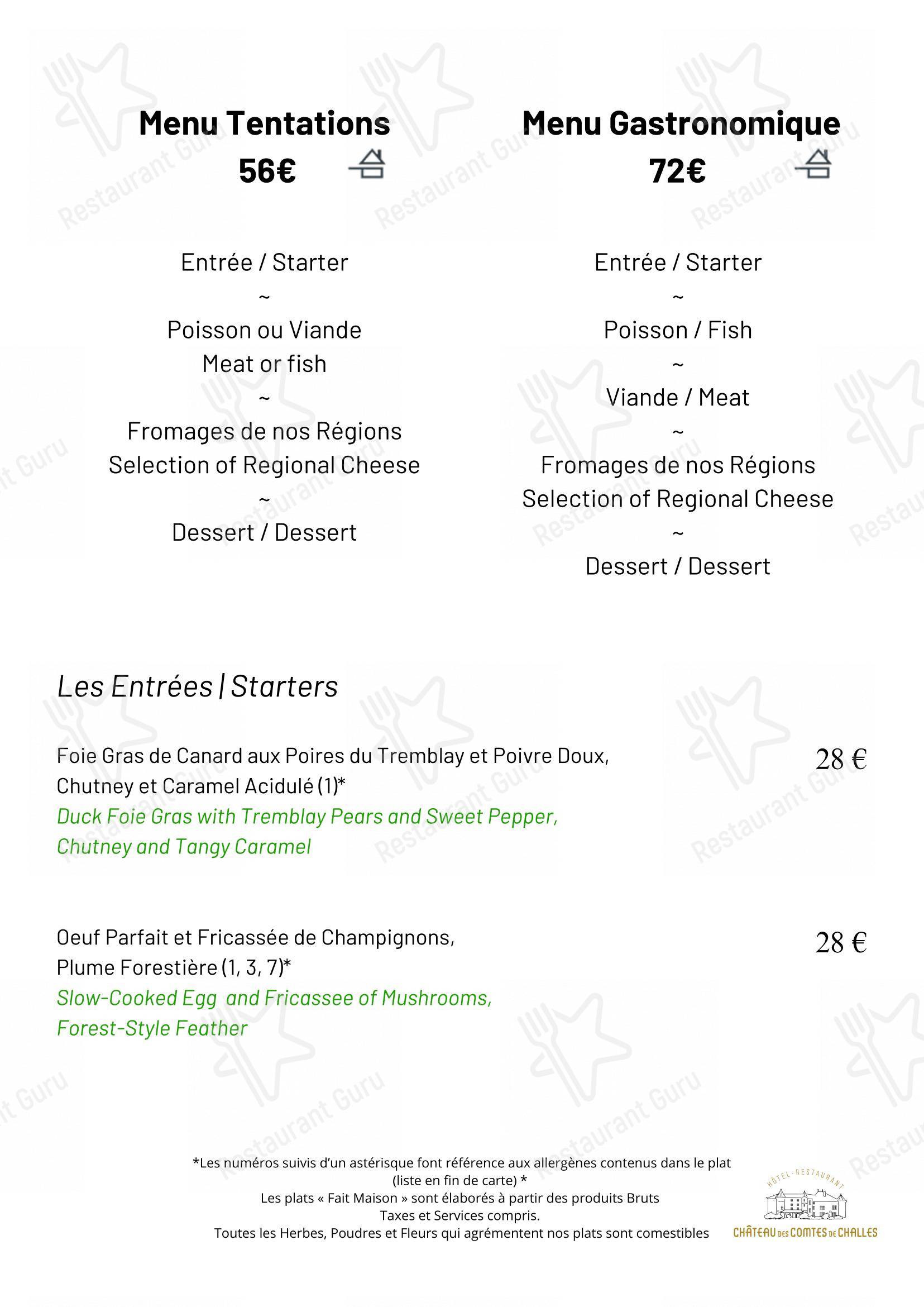 Menu pour Château Des Comtes De Challes dans Challes-les-Eaux