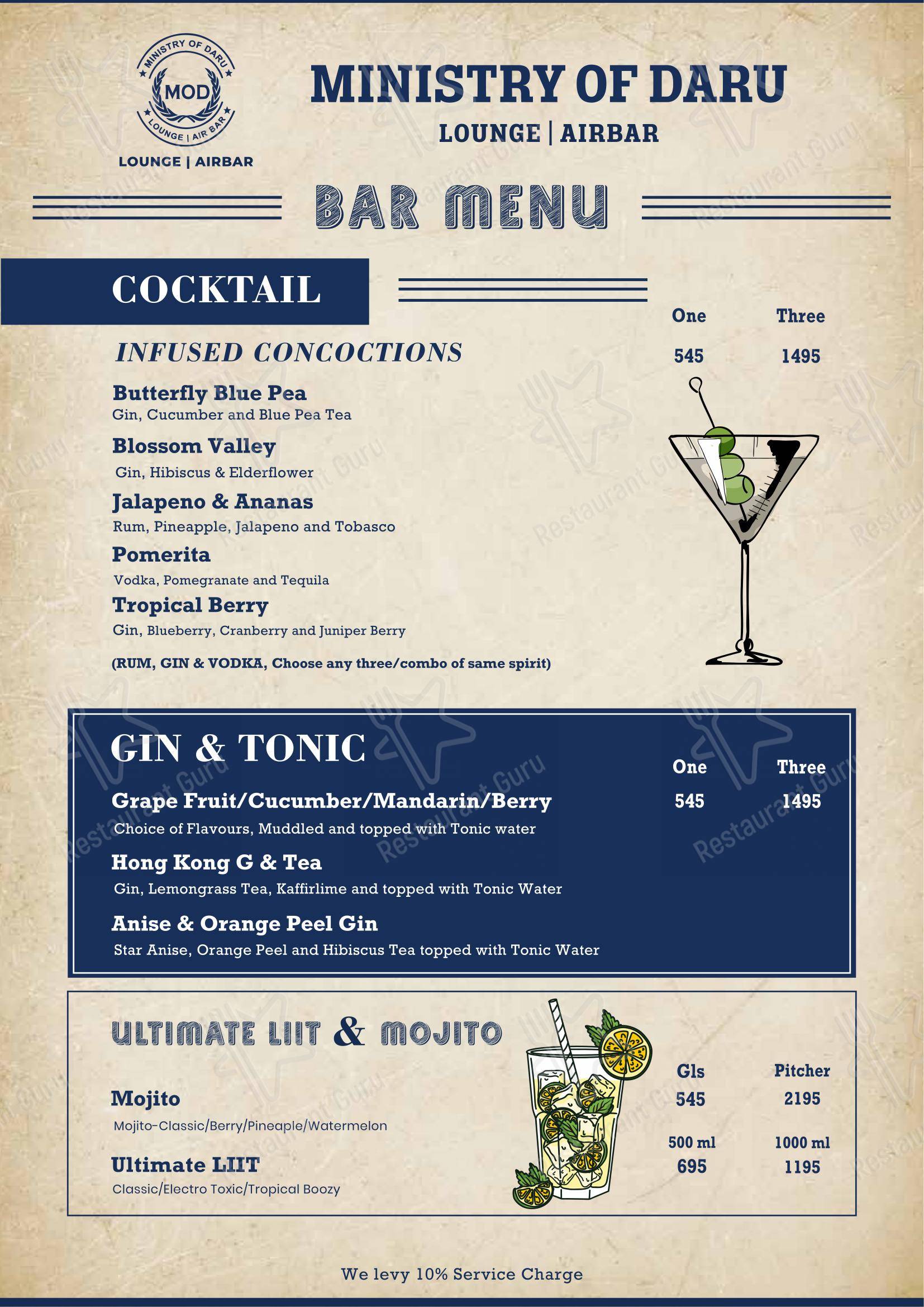 Menu bar for Ministry of Daru in Noida