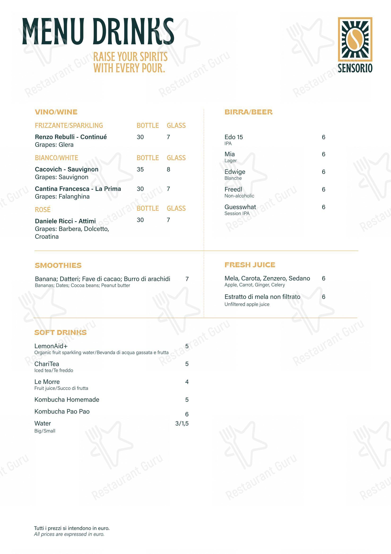 Menu bar per Sensorio Coffee Lab caffè bar