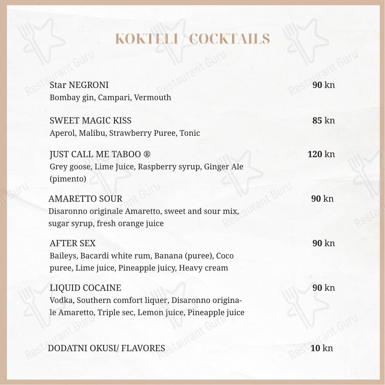 Menu per Taboo beach club Split in Spalato
