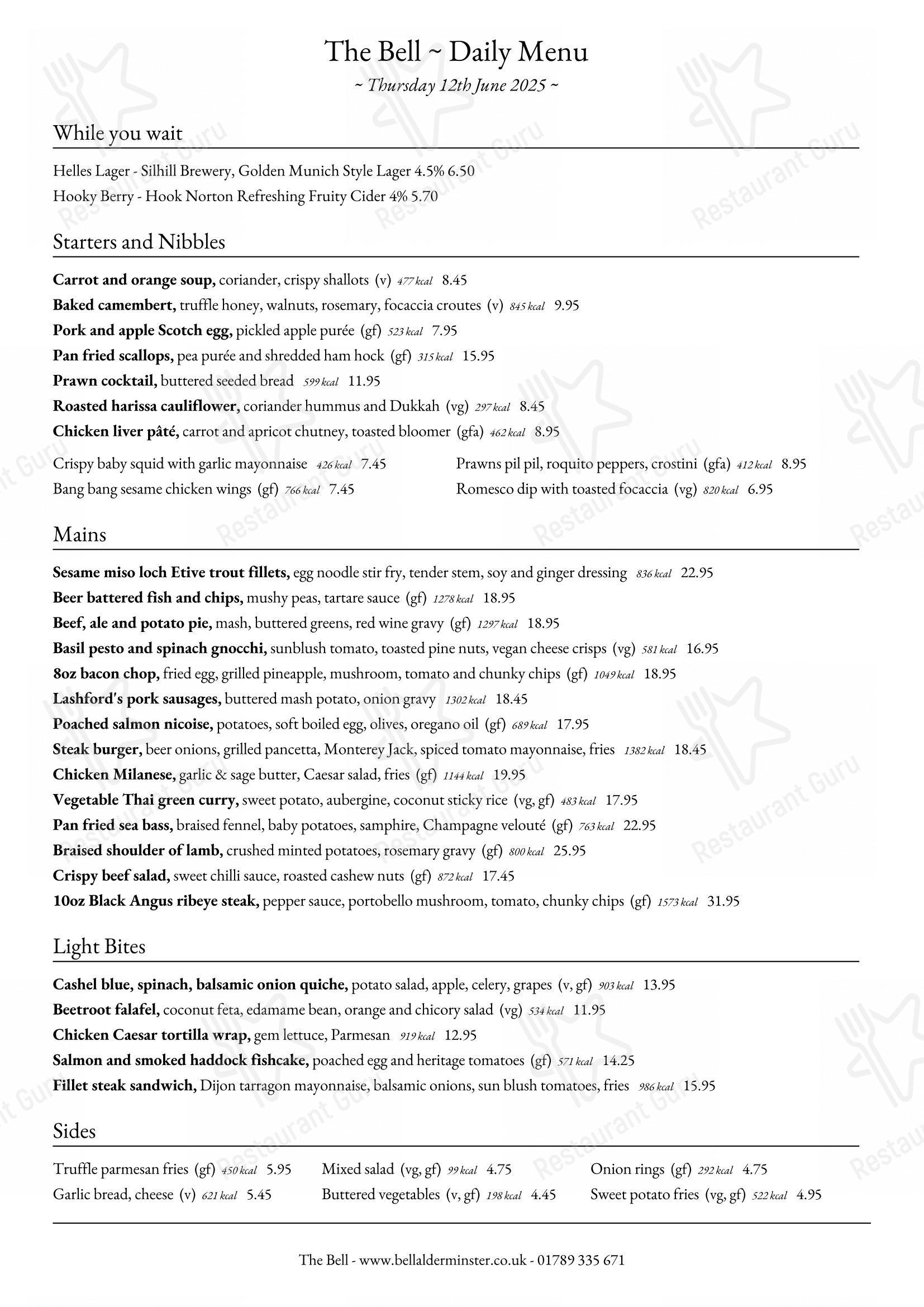 Menu at The Bell fast food, Stratford-upon-Avon, Shipston Rd