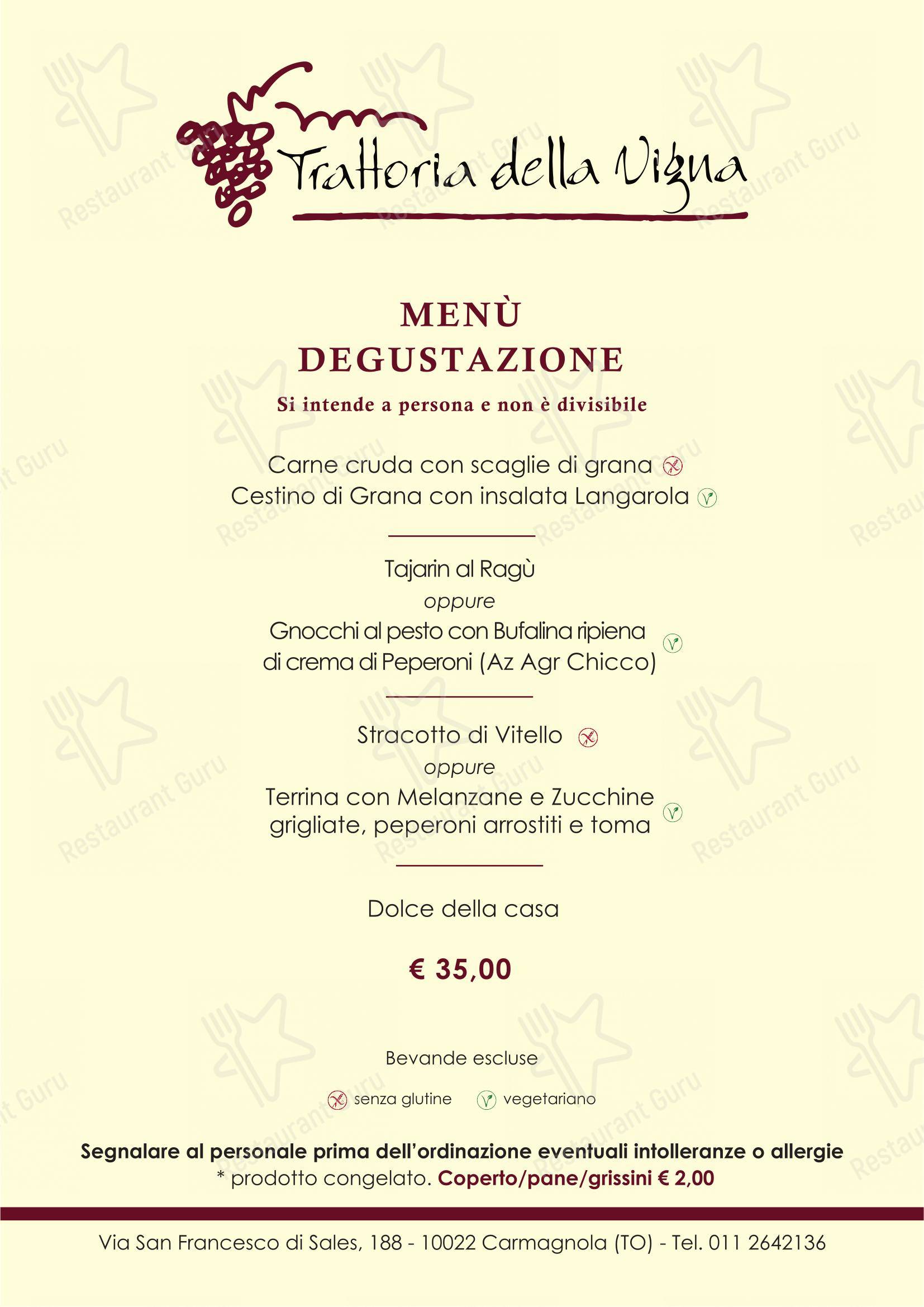 Menu bar per Trattoria della Vigna ristorante