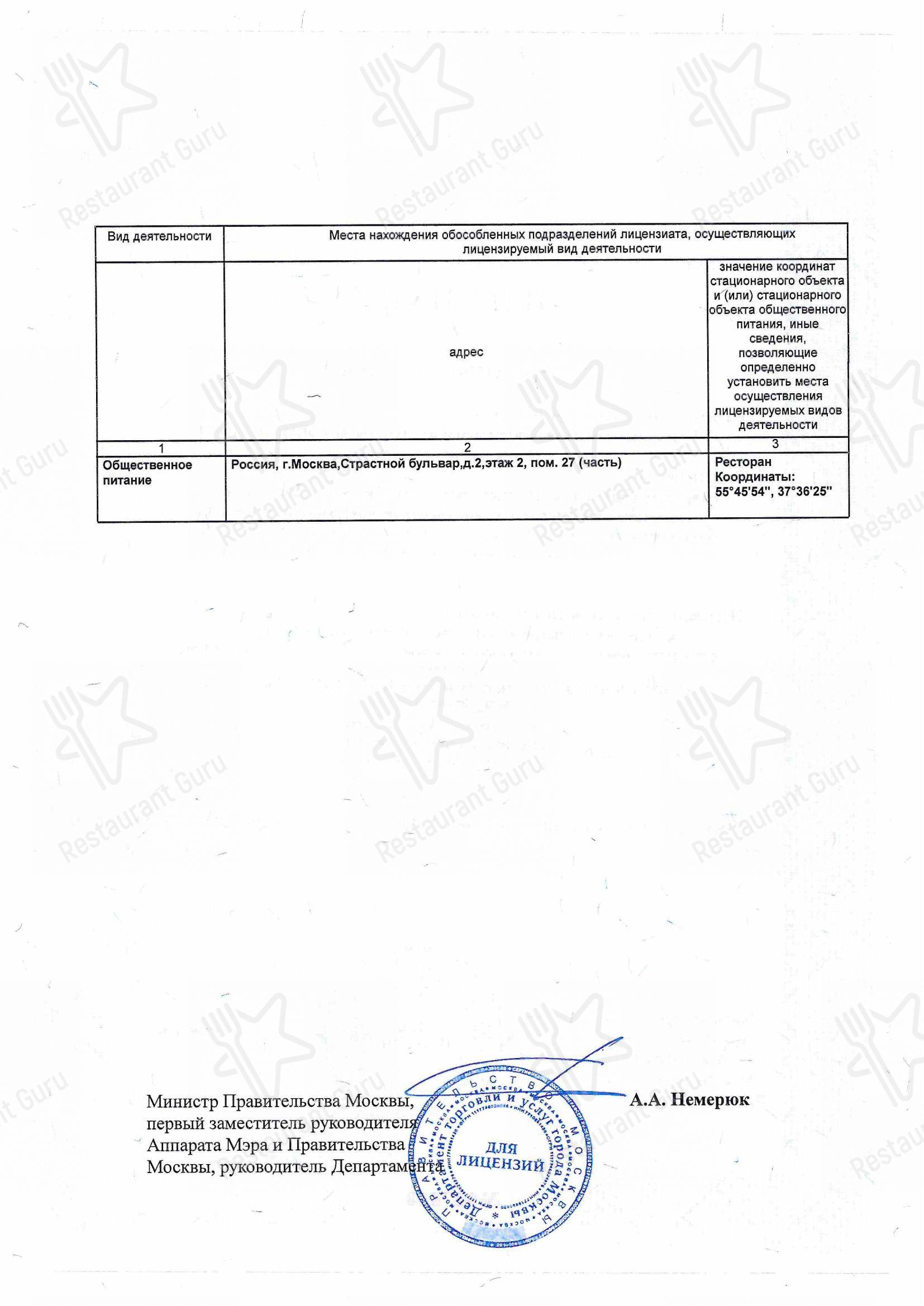 Menu pour Yura - plats et boissons