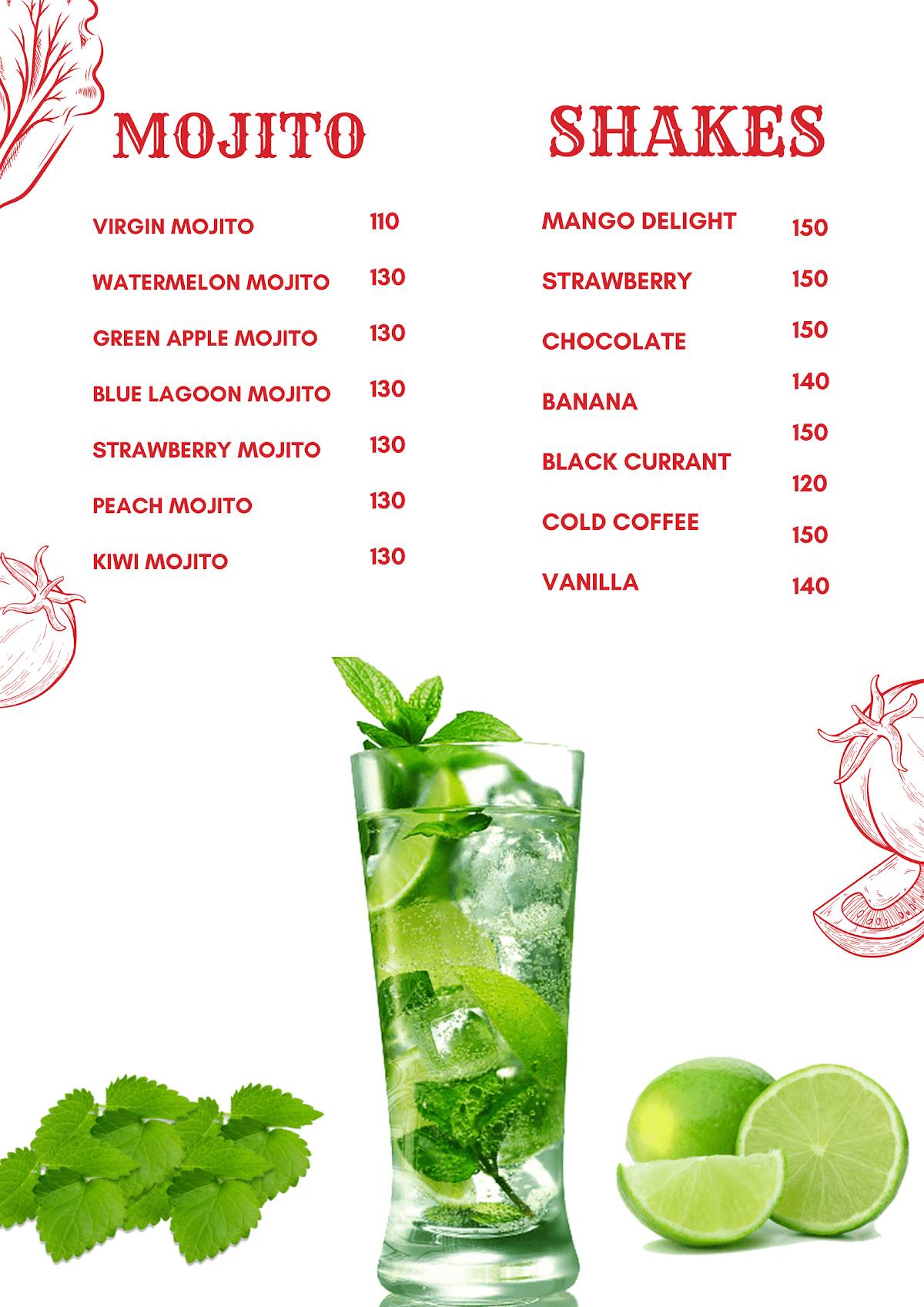 Menu at 80 Degrees, India