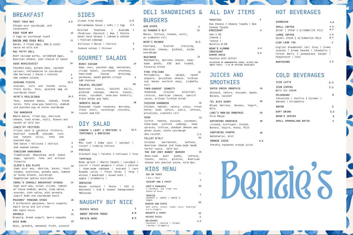 Menu at Benzie's Cafe, Botany