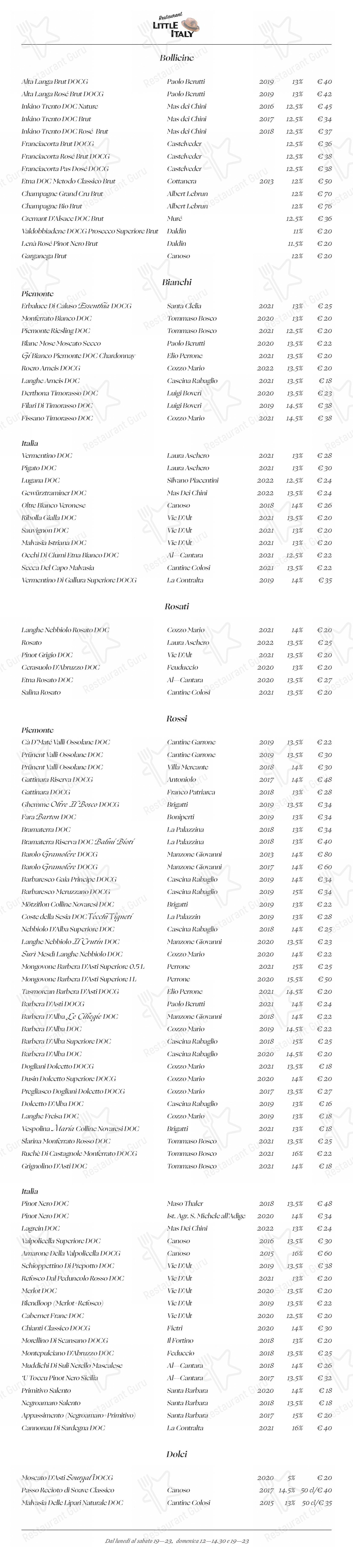 Menu pour Ristorante Little Italy - Основное меню