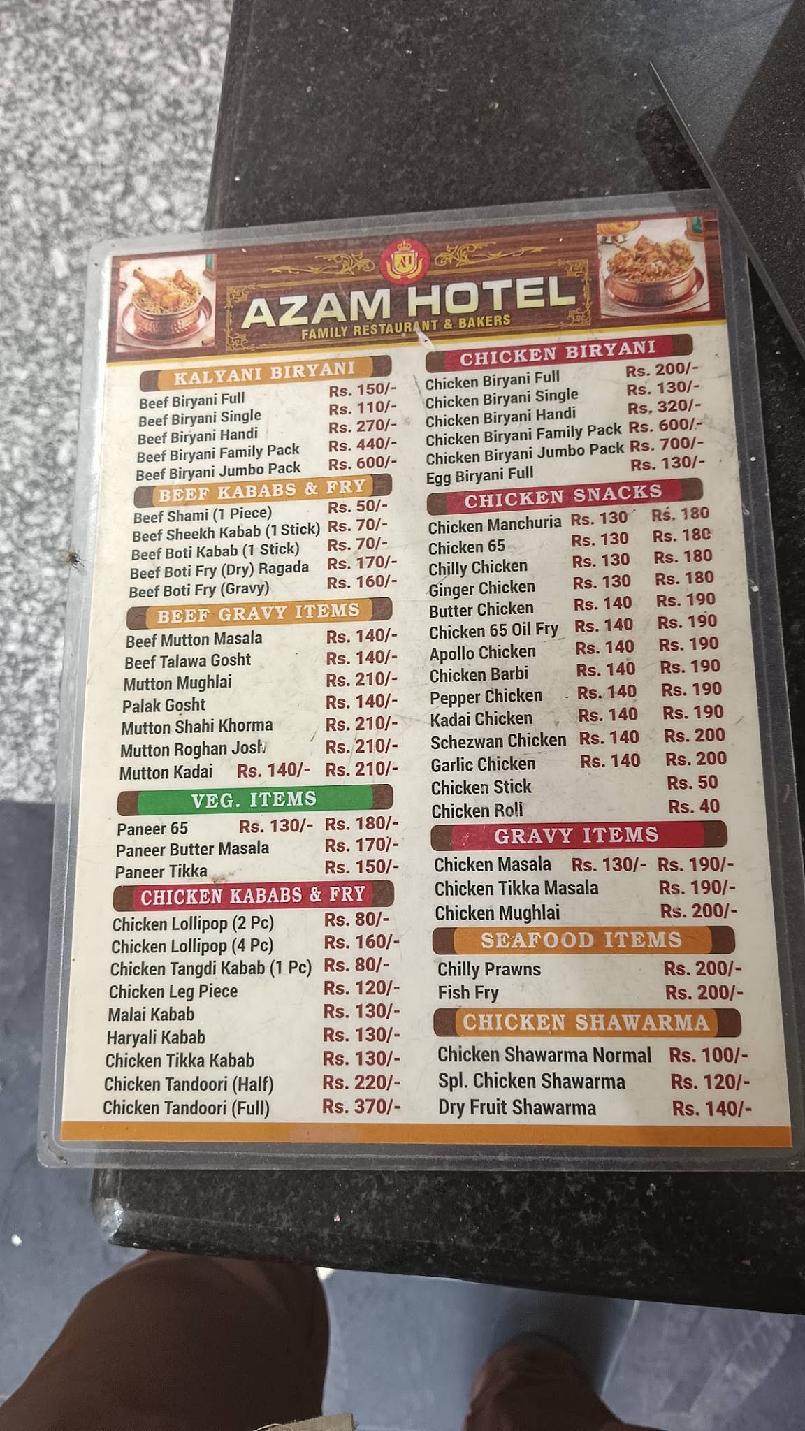 AZAM HOTEL menu