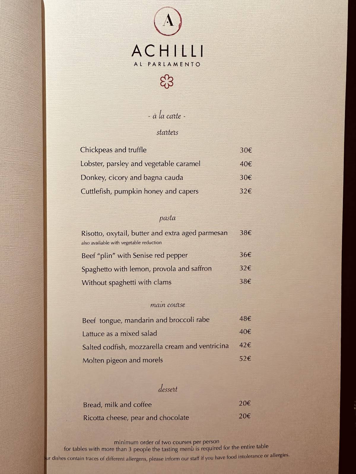 Menu di Achilli al Parlamento Ristorante Enoteca 