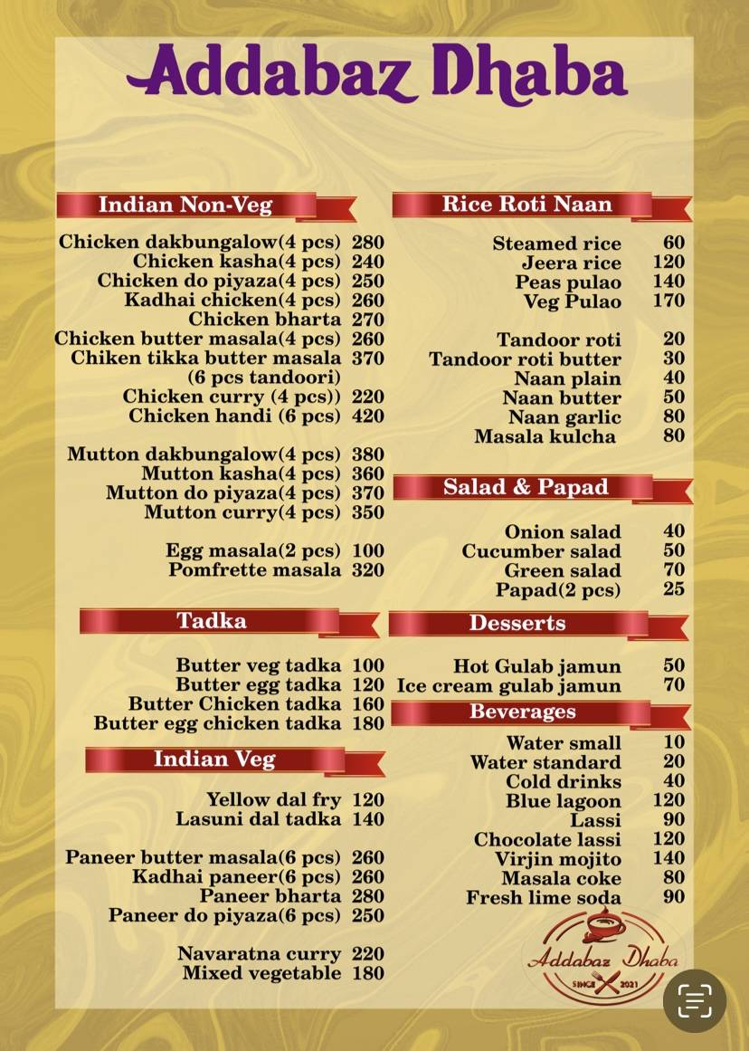 Addabaz Dhaba menu