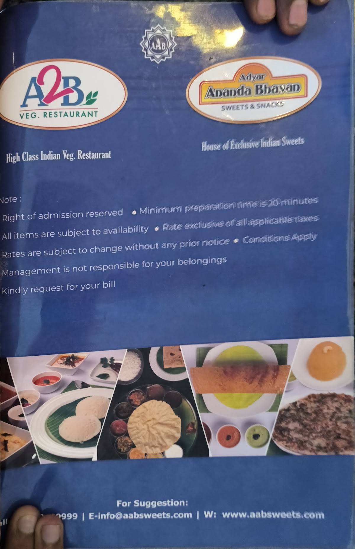 Adyar Ananda Bhavan - A2B menu