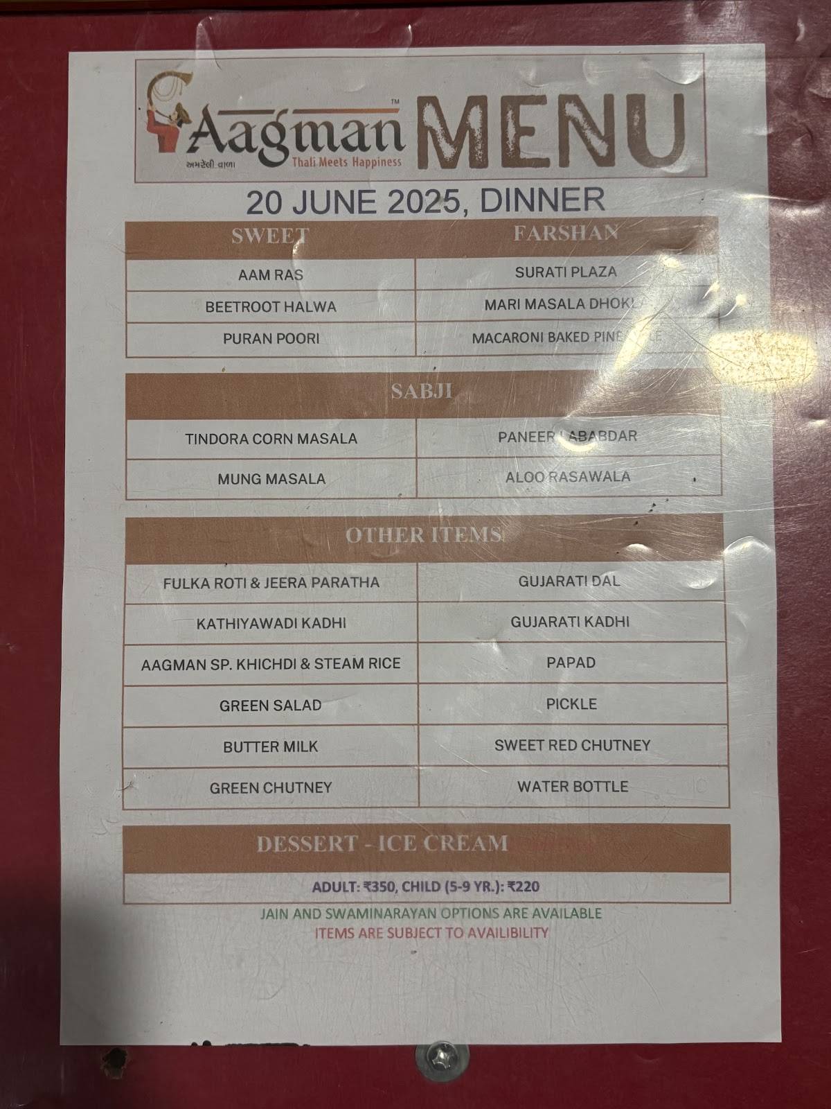 Aagman Thal Restaurant & Banquet menu