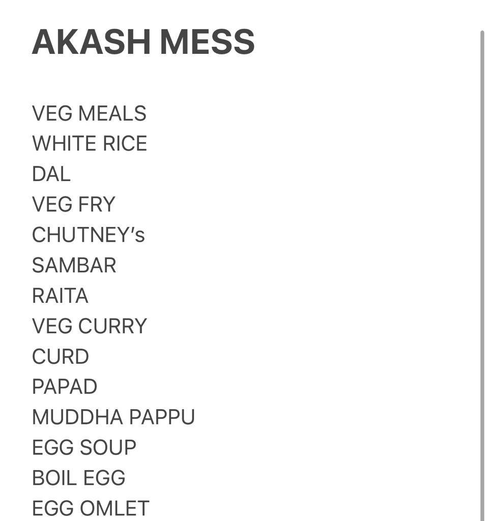 Akash Mess menu