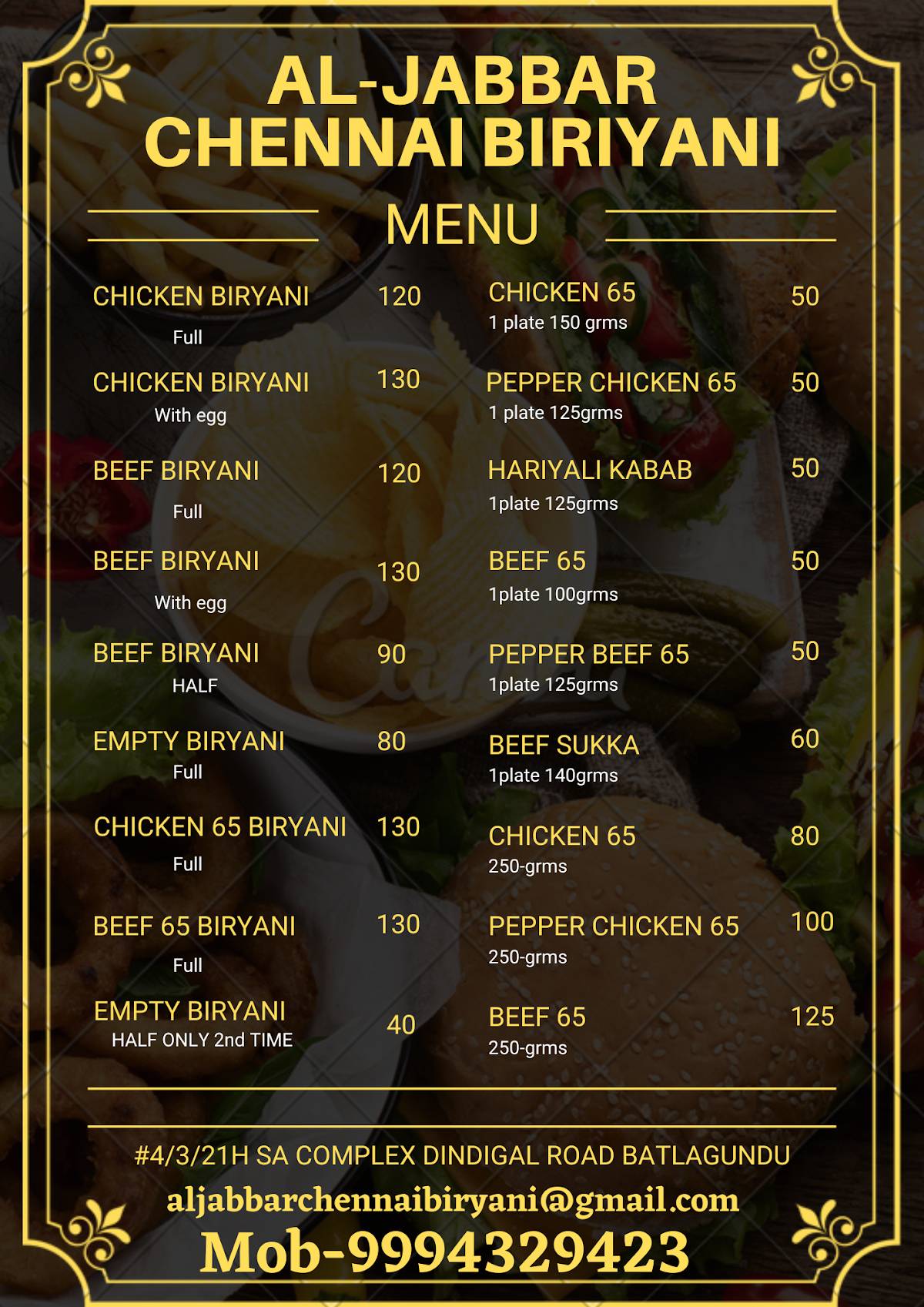 Al-Jabbar Chennai Briyani menu
