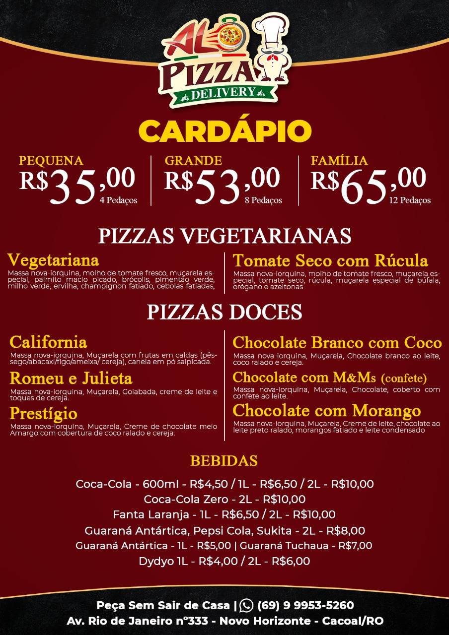 Alo pizza cardápio
