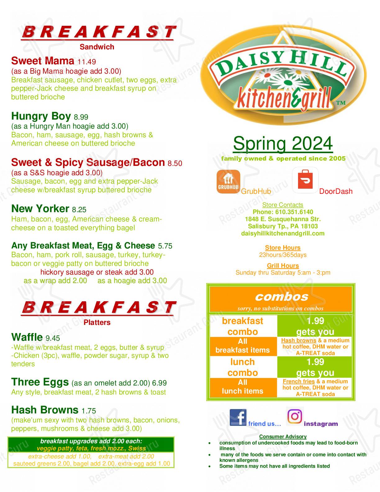 Menu at Daisy Hill Kitchen and Grill restaurant, Allentown