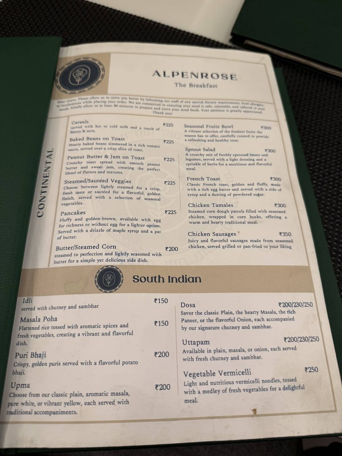 Alpenrose Restaurant menu