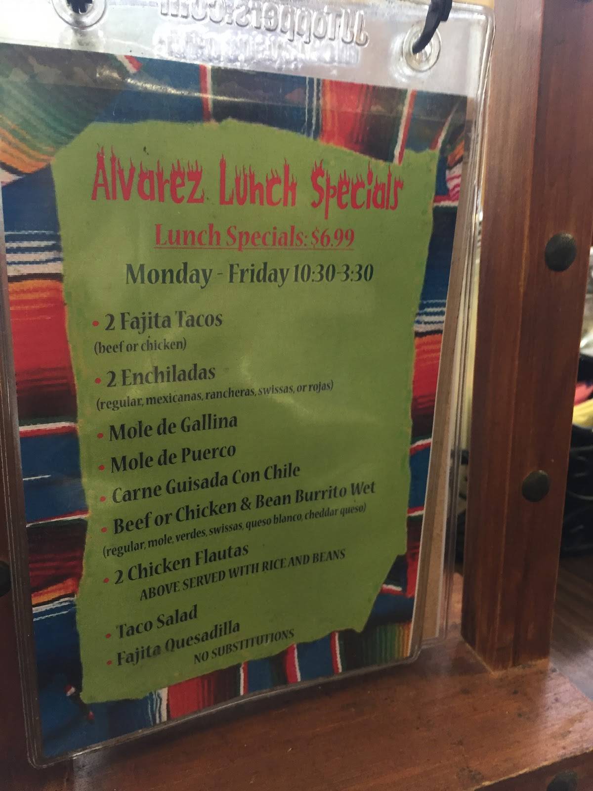 Menu at Alvarez Mexican Restaurant, Palmetto