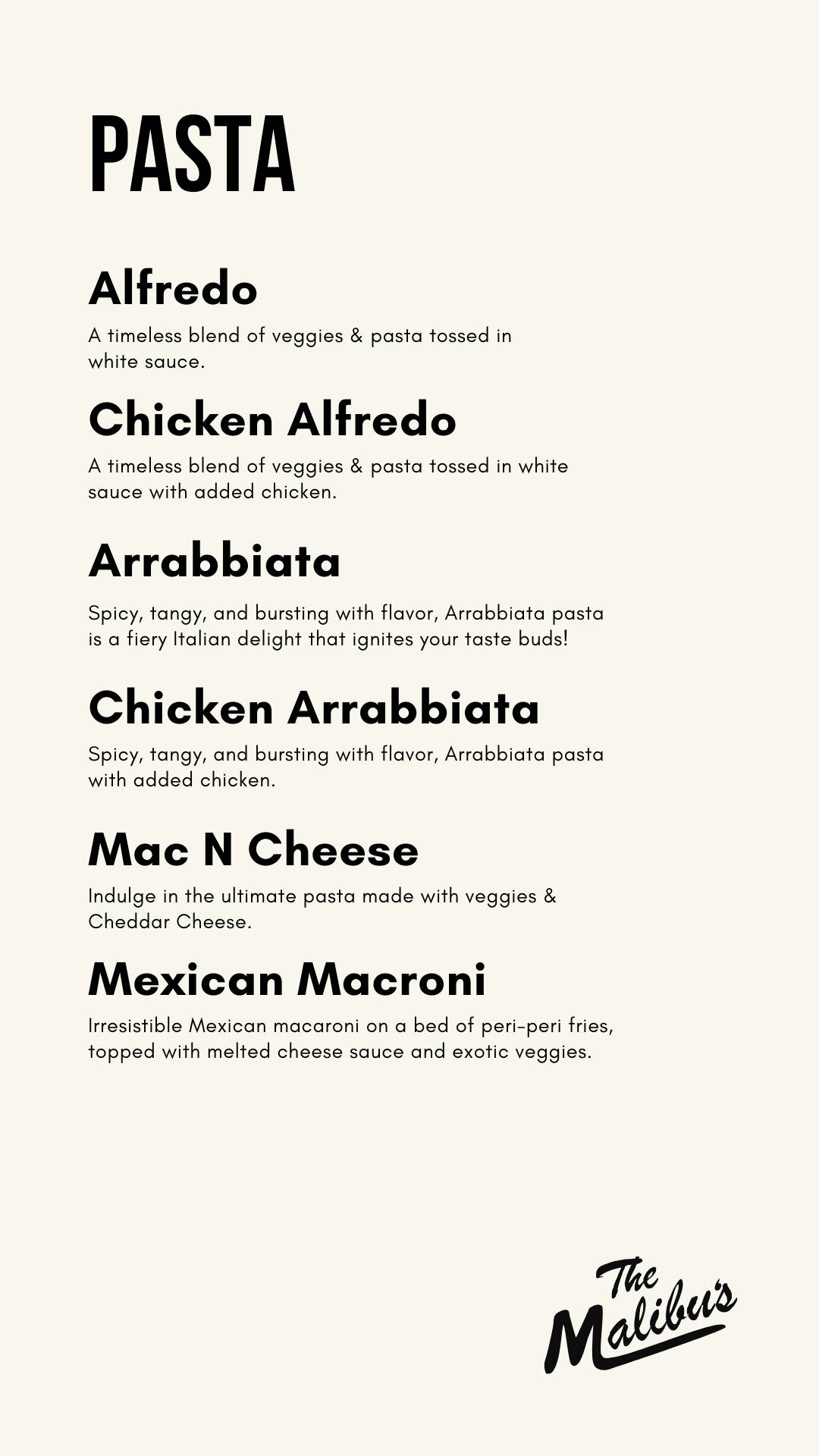 The Malibu's Cafe menu