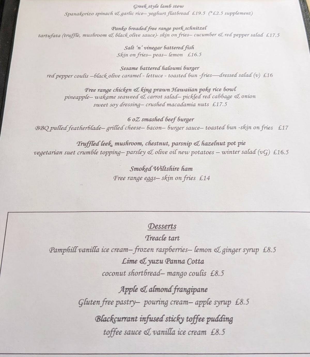 Menu at Anchor Inn Shapwick pub & bar, Shapwick