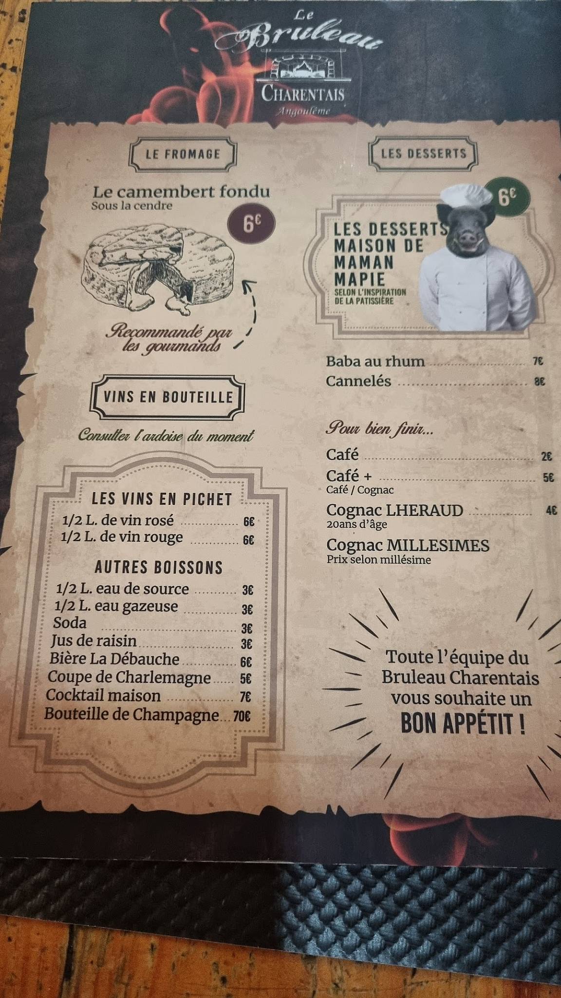 Menu de Bruleau Charentais Angoulême