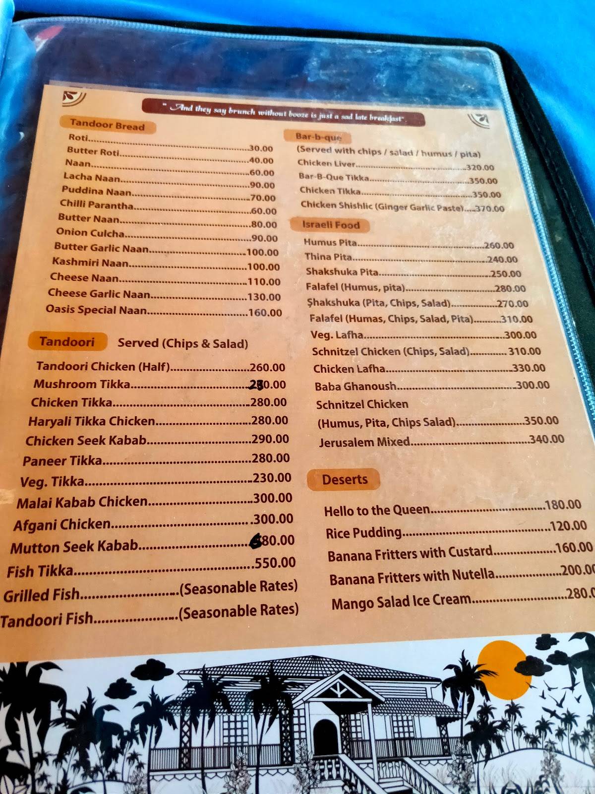 Oasis cafe Anjuna menu