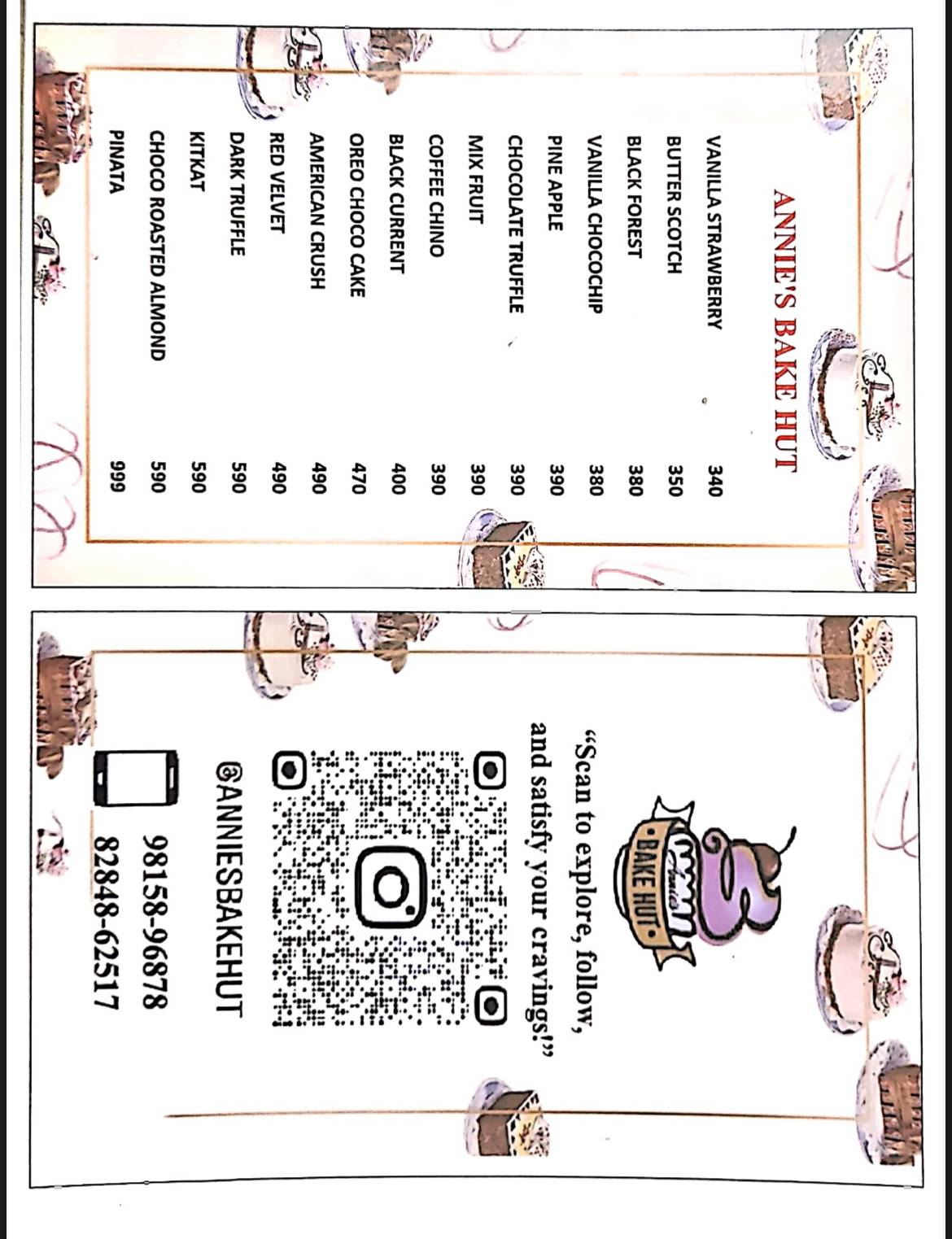 Annie’s Bake Hut menu