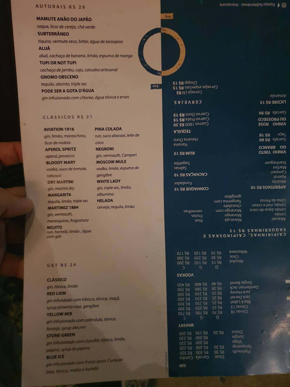 Espaço Subterrâneo cardápio