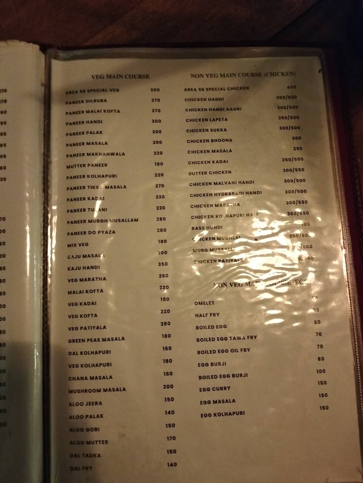 Area 96 Riverside Restaurant menu