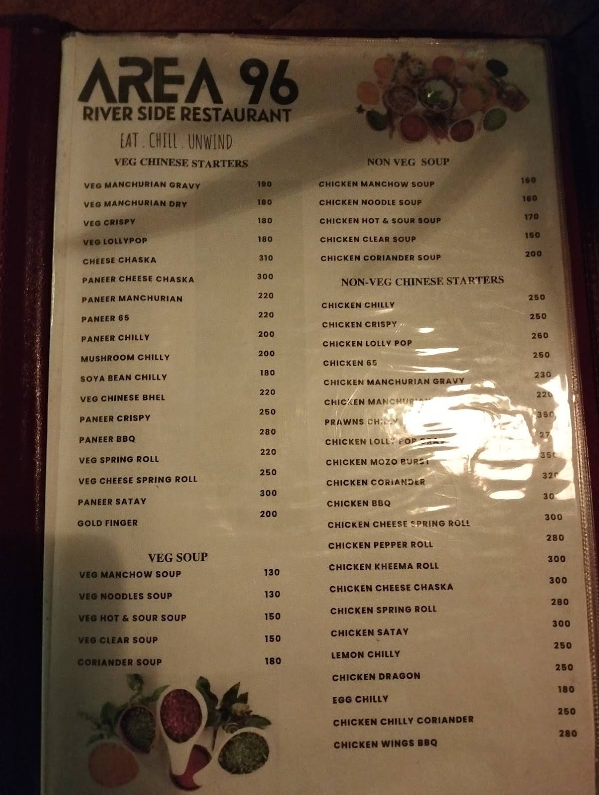 Area 96 Riverside Restaurant menu